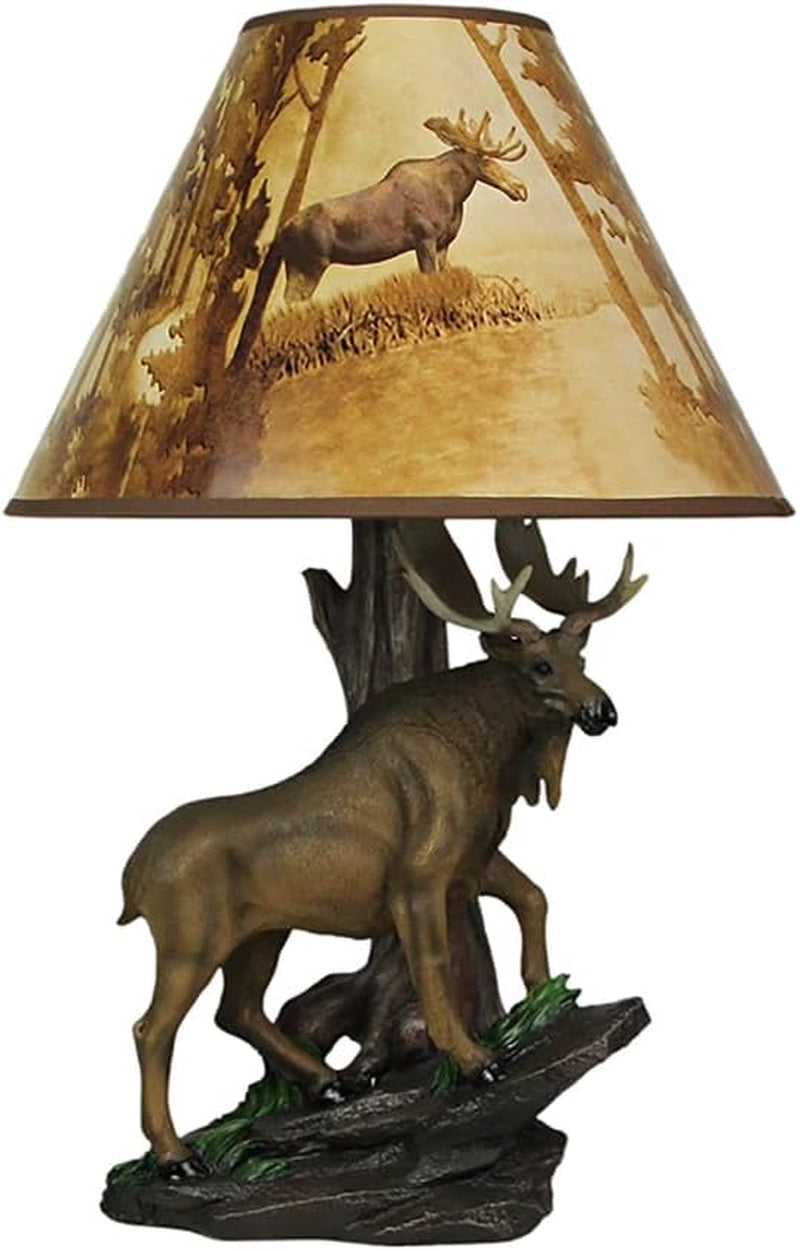 North American Bull Moose Table Lamp with a 12-Inch Diameter Forest Print Shade- Wildlife Decor - Perfect for Living Rooms, Cabins, and Bedrooms - 20 Inches Tall