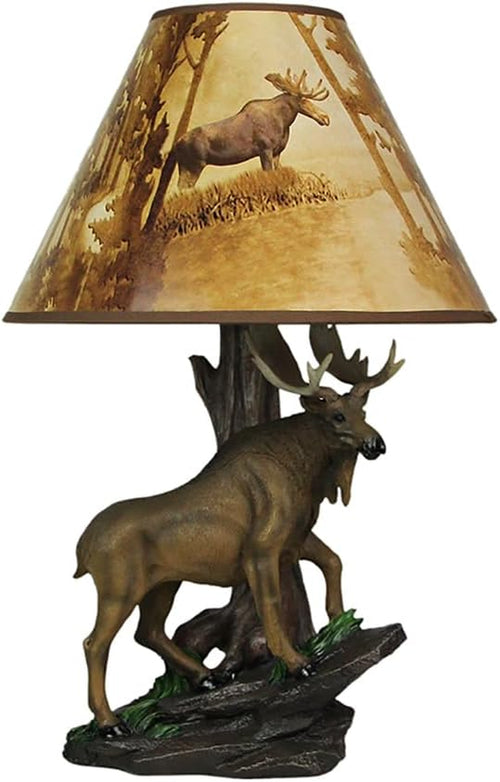 North American Bull Moose Table Lamp with a 12-Inch Diameter Forest Print Shade- Wildlife Decor - Perfect for Living Rooms, Cabins, and Bedrooms - 20 Inches Tall