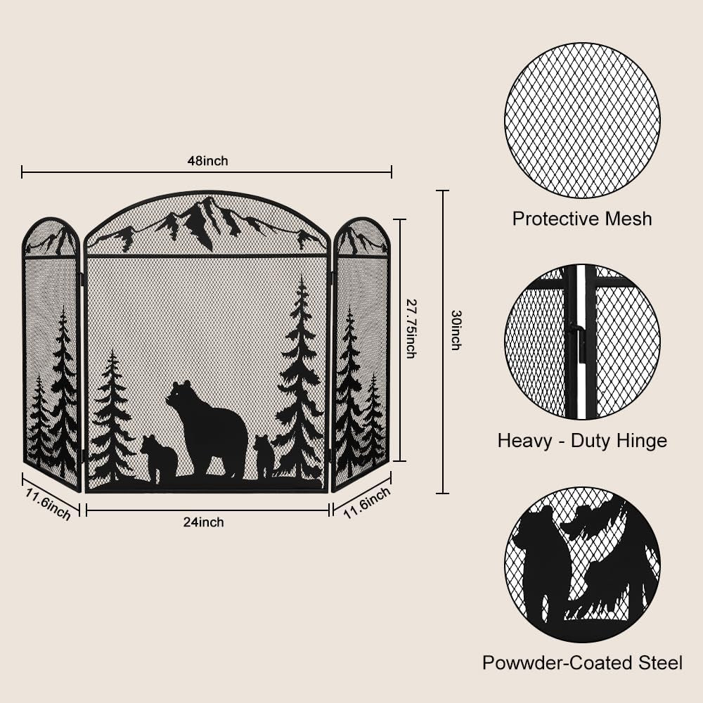 48" X 30" Fireplace Screen, 3 Panel Fire Place Cover for Living Room, Christmas Decoration Gate with Polar Bear for Brick Fireplace, Baby Proof, Pet Safety
