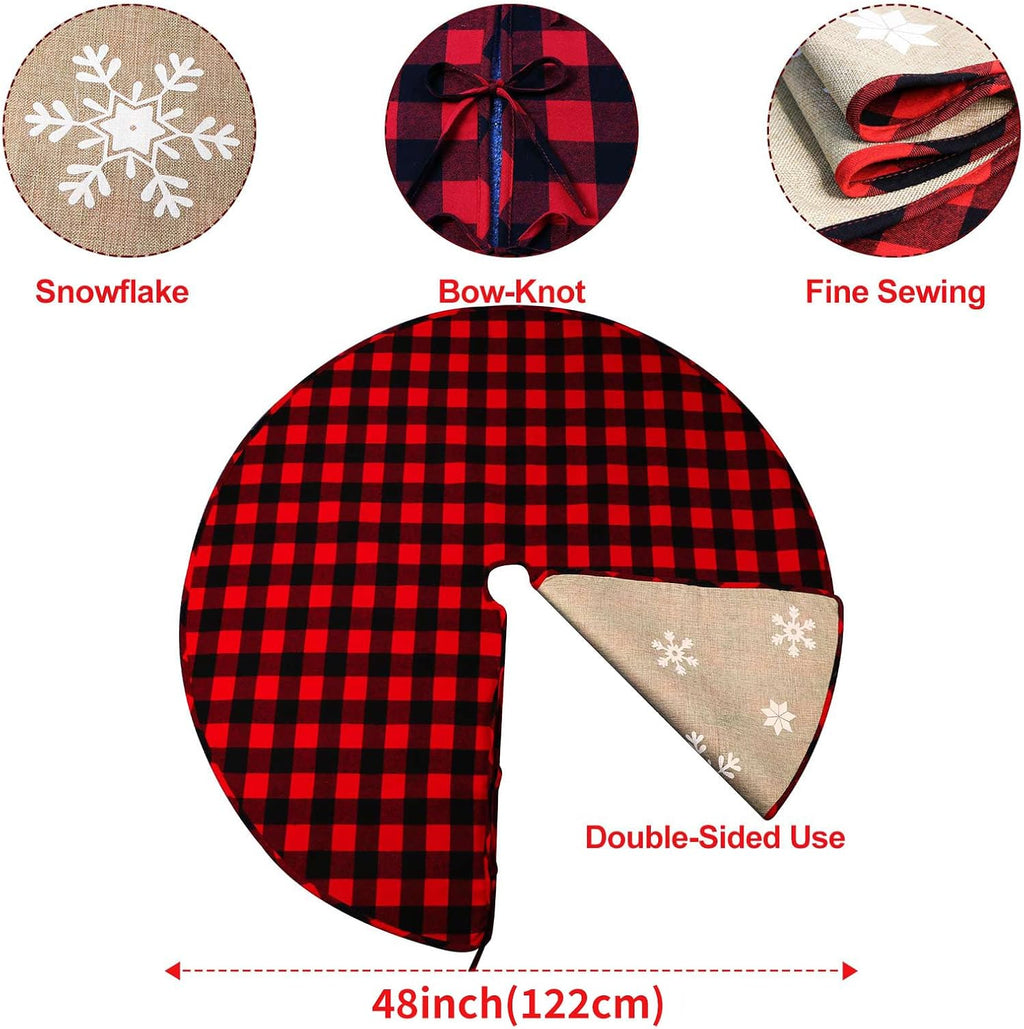 48 Inch Christmas Tree Skirt Red and Black Buffalo Plaid Christmas Tree Skirt, Double Sided Burlap Tree Skirt Snowflake Xmas Tree Skirt for Holiday Rustic Vintage Christmas