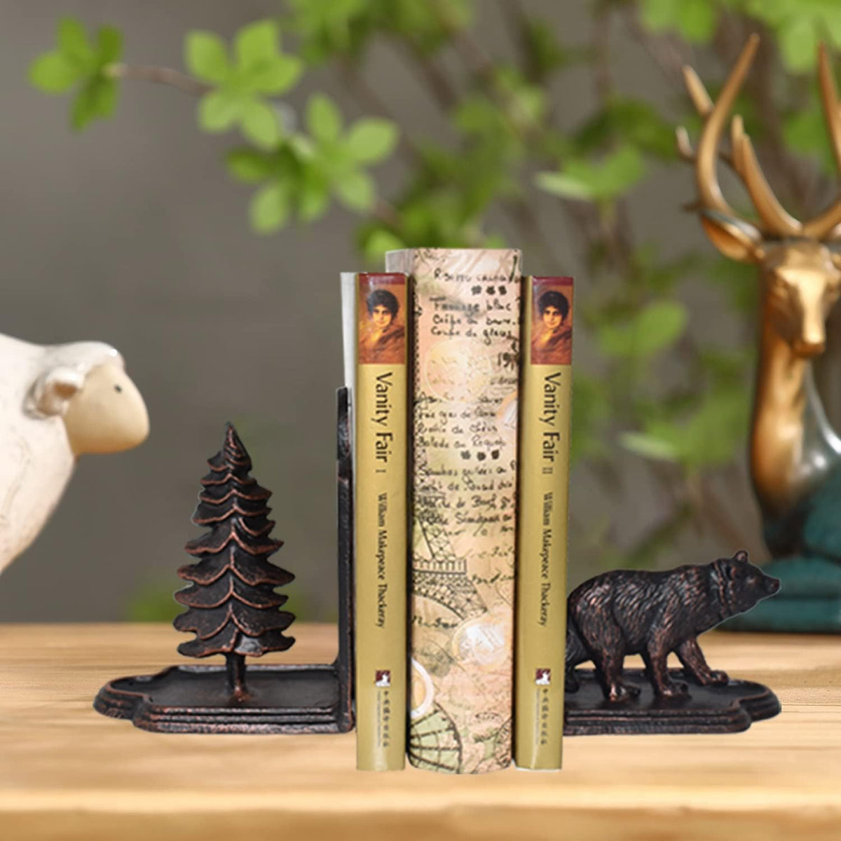 Bear Bookends Decorative, Heavy Duty Cast Iron Bookends for the Shelves, Pine Tree and Bear Statue Book End, Vintage Shelf Decor, Antique Bronze