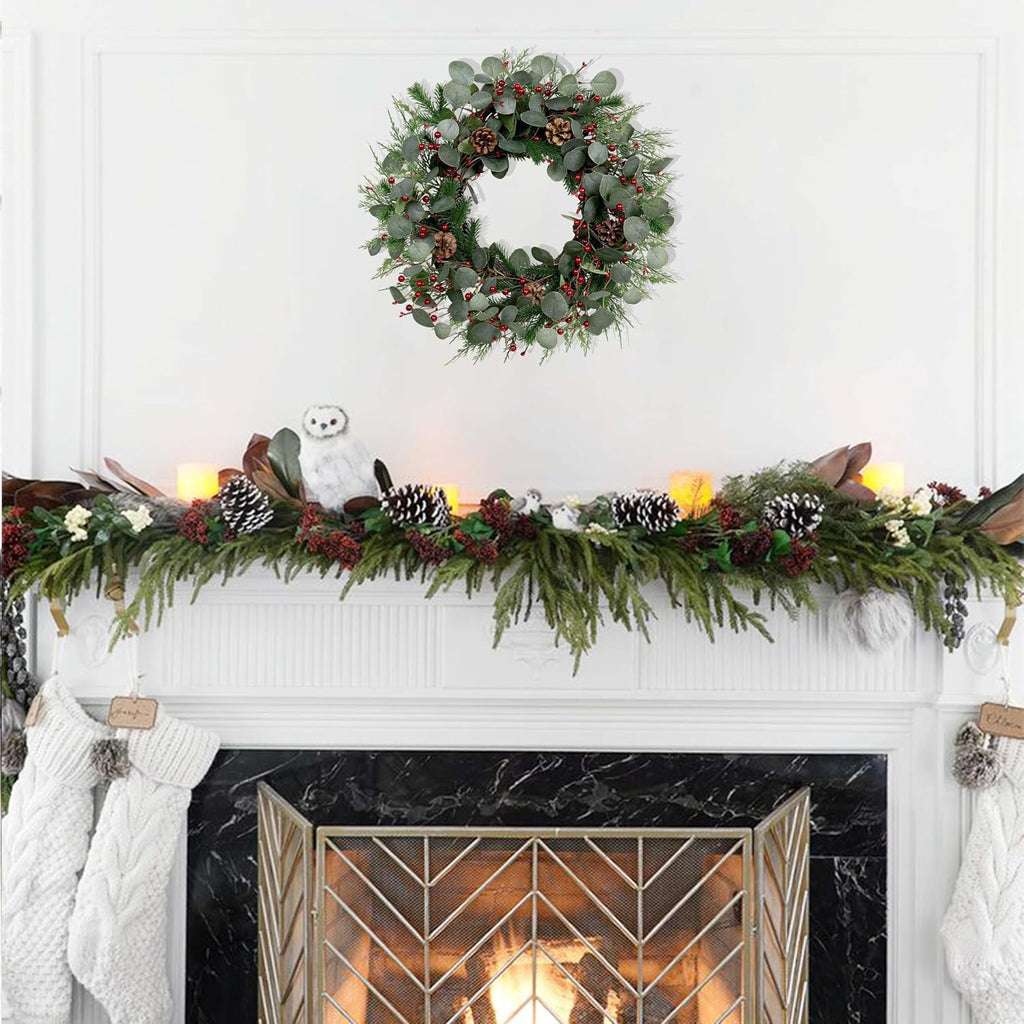 Christmas Wreath 24Inch Christmas Wreaths for Front Door Xmas Red Berry Wreath with Eucalyptus Leaves Pine Cones Red Berries for Wall Window Indoor Outdoor Winter Decorations