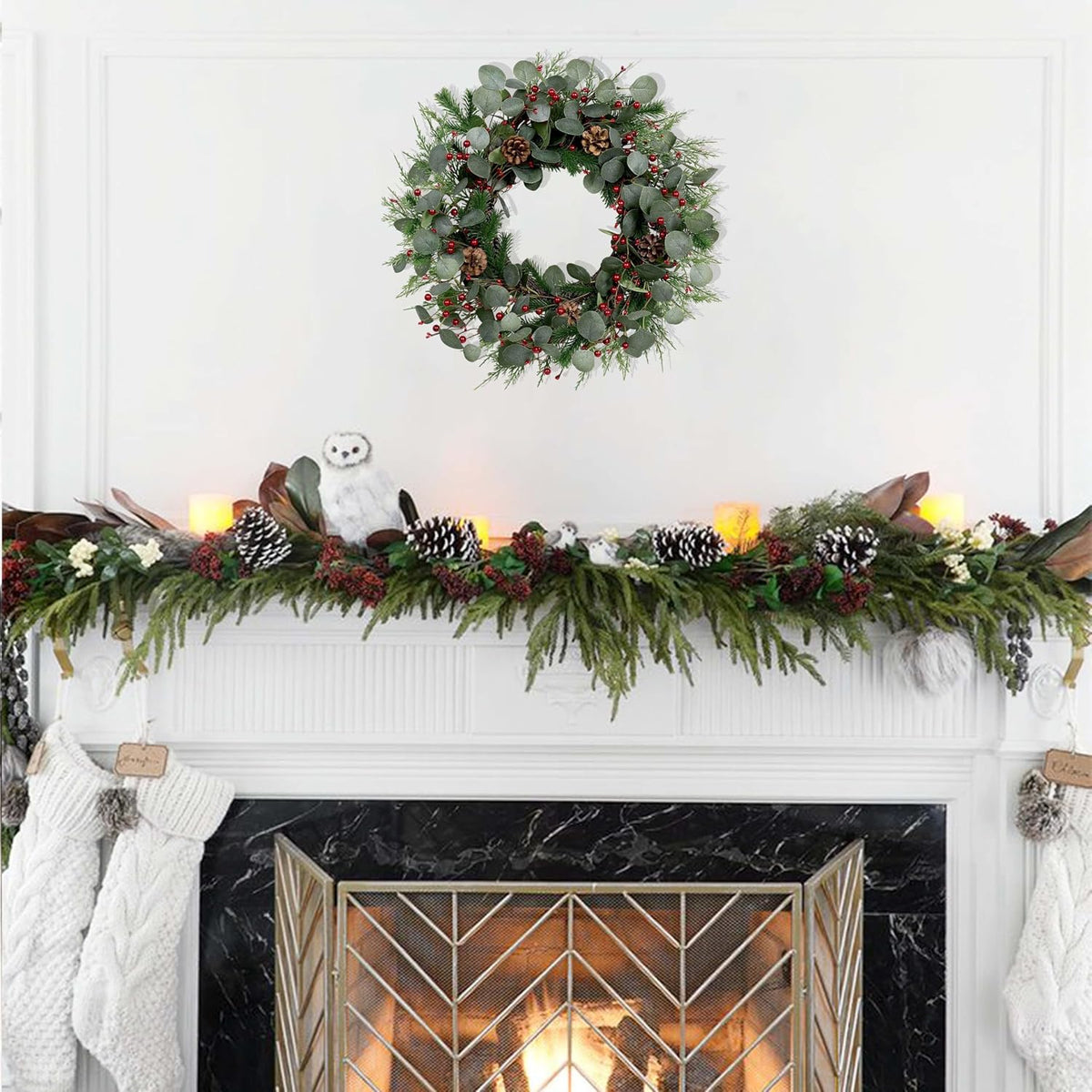 Christmas Wreath 24Inch Christmas Wreaths for Front Door Xmas Red Berry Wreath with Eucalyptus Leaves Pine Cones Red Berries for Wall Window Indoor Outdoor Winter Decorations