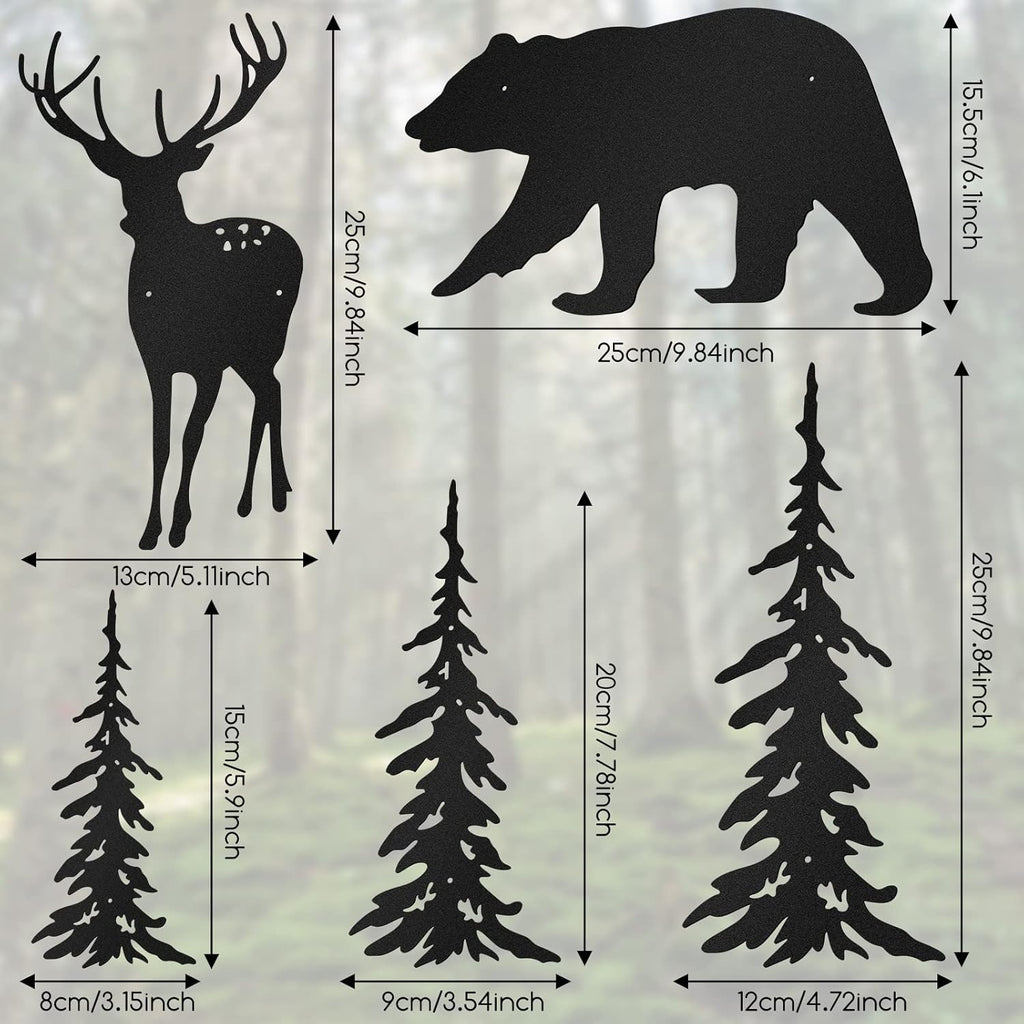6 Pcs Metal Pine Tree Wall Art, Deer Bear Decor, Black