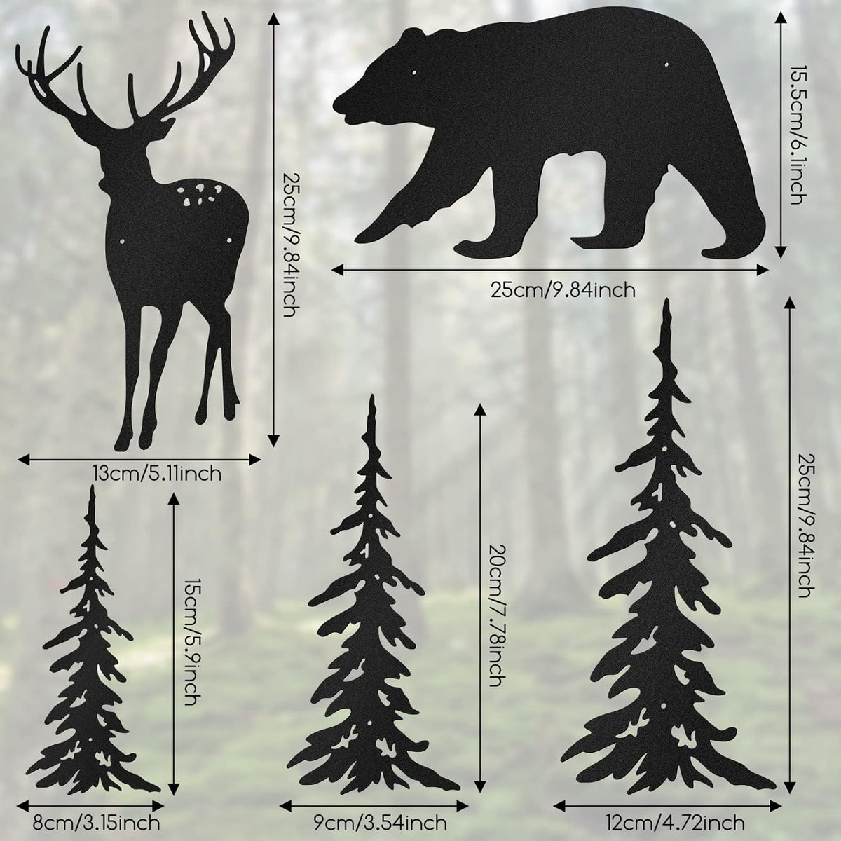 6 Pcs Metal Pine Tree Wall Art, Deer Bear Decor, Black