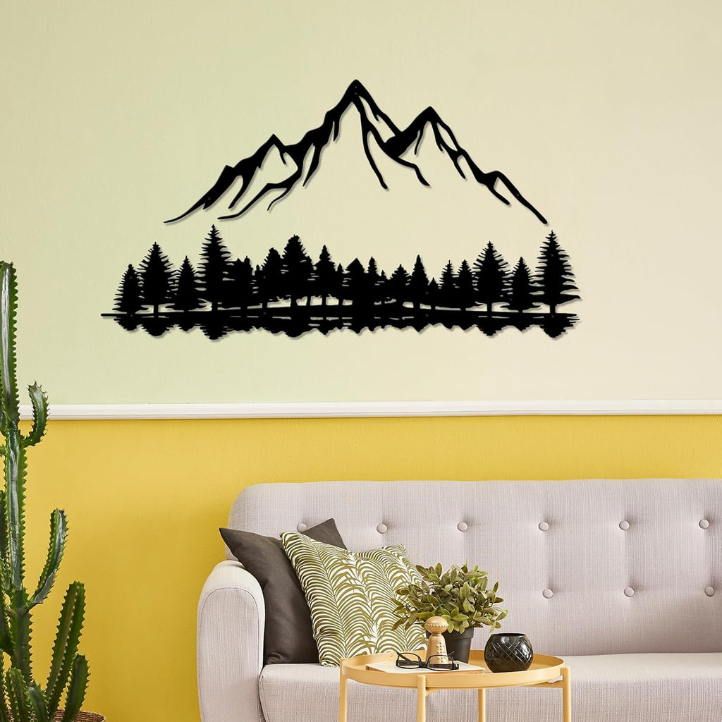 Metal Mountain Scene Wall Decor, Forest Line Drawing Art Sculpture