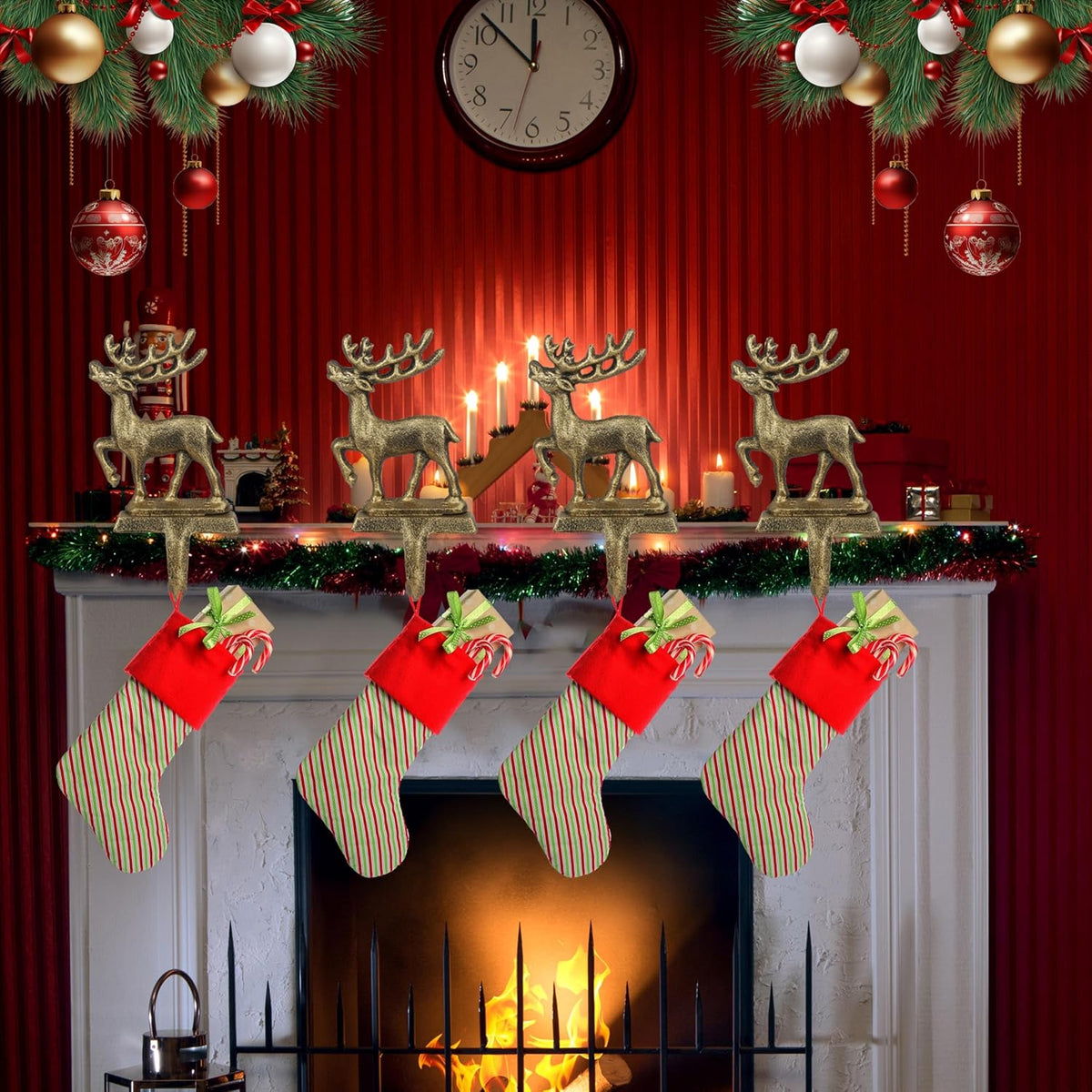 4Pcs Stocking Holders, Reindeer Pattern Metal Mantel Hooks, Anti-Slip Heavy Duty Solid Cast Iron Mantle Hangers Xmas Décor for Fireplace Holiday Indoor Decoration