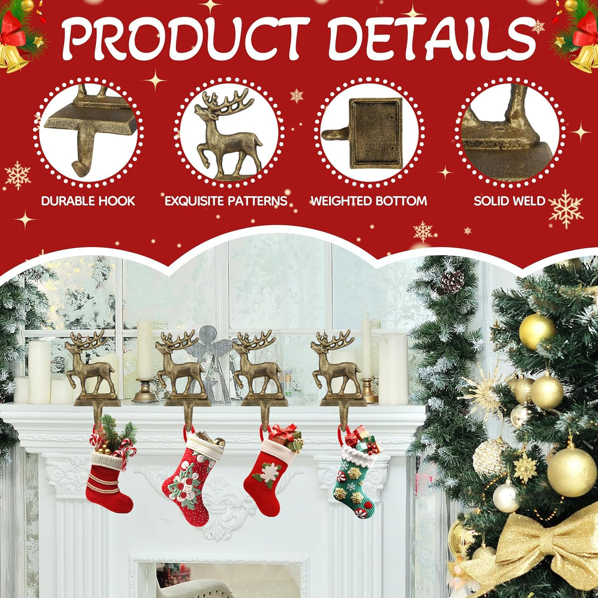 4Pcs Stocking Holders, Reindeer Pattern Metal Mantel Hooks, Anti-Slip Heavy Duty Solid Cast Iron Mantle Hangers Xmas Décor for Fireplace Holiday Indoor Decoration
