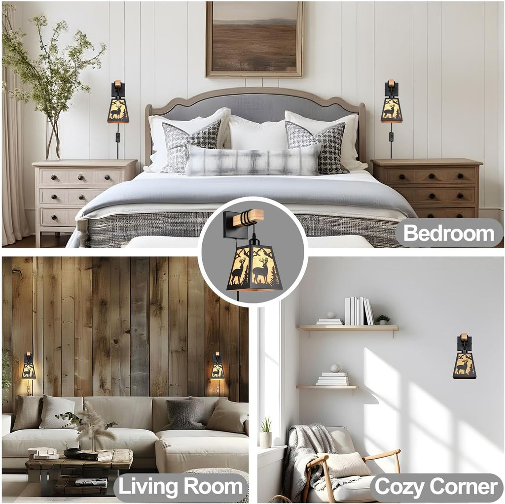 Plug in Wall Sconce,Deer Matte Metal Rustic Wall Sconces,Black Wall Lights,Farmhouse Parchment Paper Shades Wall Sconce Set of Two,Wall Lamps for Bedside,Living Room,Bedroom,Hallway,Bathroom
