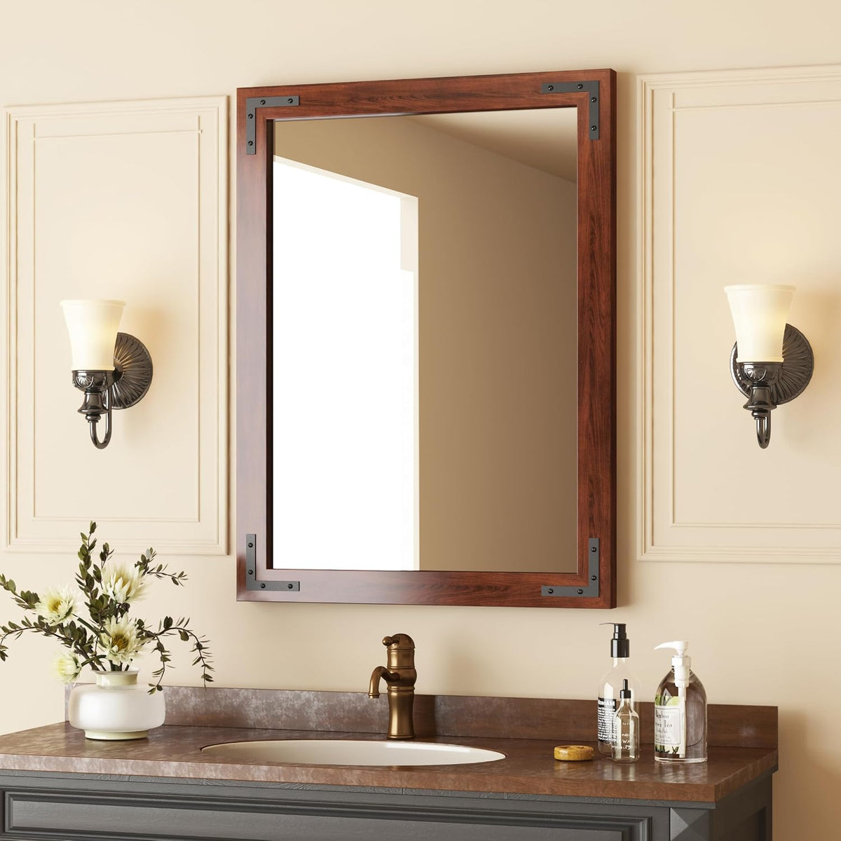 Rustic Wood Framed Mirror 24 X 32 Inch, Natural Dark Brown Wooden Rectangle Bathroom Vanity Wall Mirror for Farmhouse Boho Decor, 1/4-Inch Shatterproof Glass | Waterproof