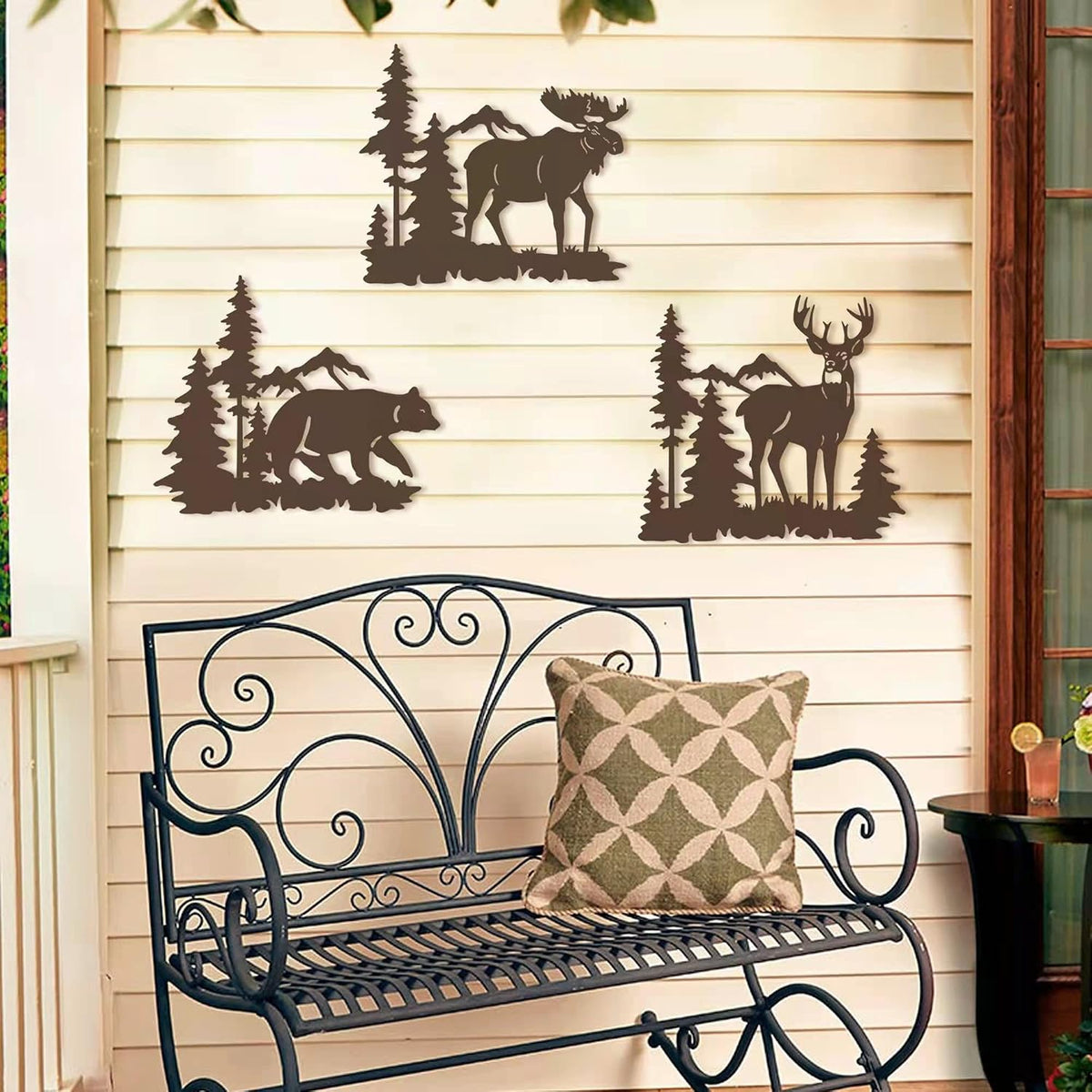 Set of 3 Brown Metal Deer Bear Moose Pine Tree Wall Decor 9.3 Inch, Rustic Cabin Indoor Outdoor Hanging Ornament