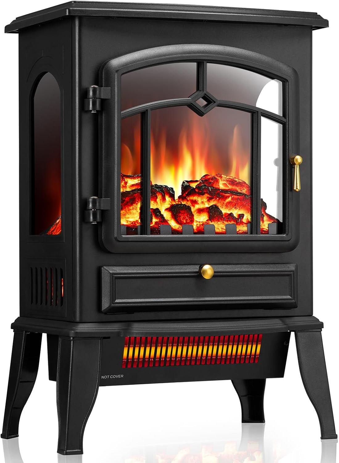 Black 22 inch electric fireplace stove with a 3D flame and glass door