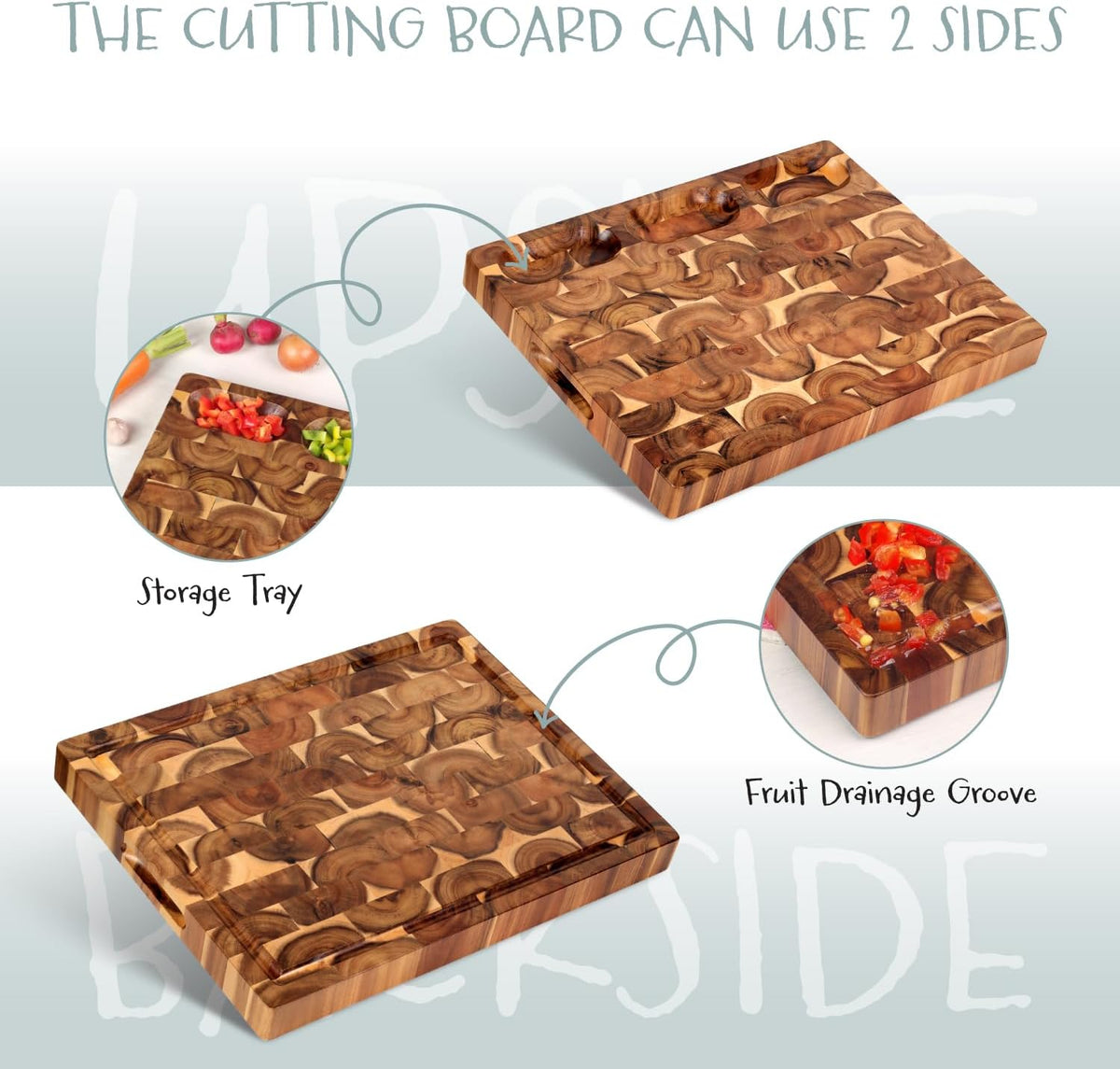 XL Acacia End Grain Wood Cutting Board (20X15X1.5In) Acacia Wooden Cutting Board, Butcher Block, Chopping Board - Reversible Multipurpose for Kitchen with Juice Groove, Cracker Holder & Inner Handles.