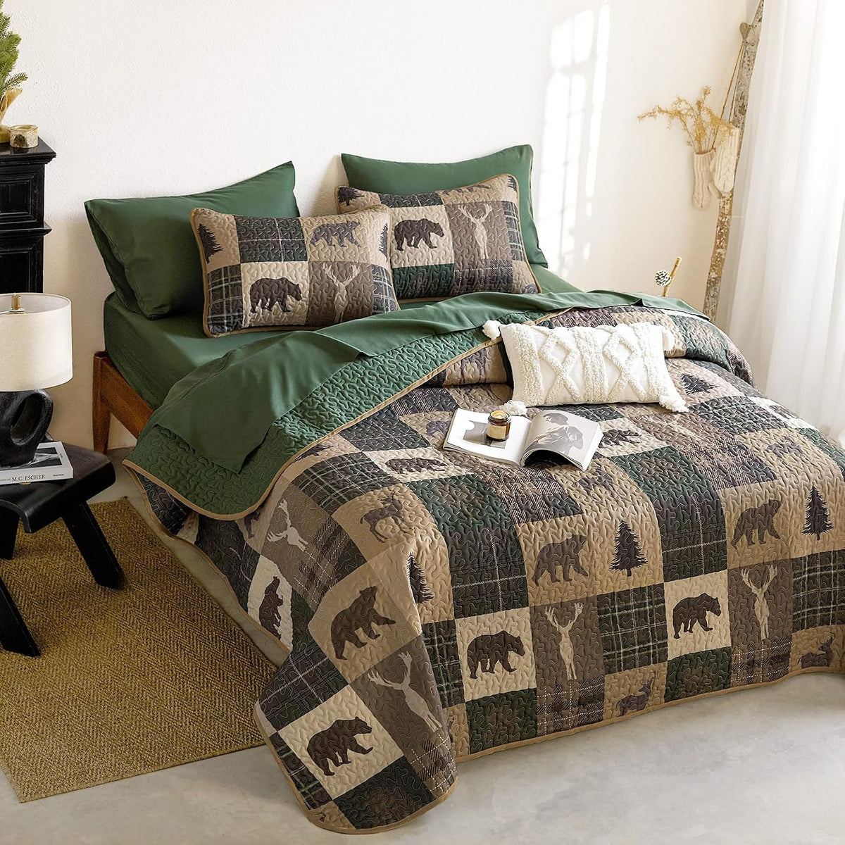 - Rustic Quilt Set, Cabin Lodge Christmas Bear Moose Deer Wildlife Western Patchwork Country, Reversible Lightweight Bedspread Coverlet, 3 Pieces, Green Brown, Queen/Full Size