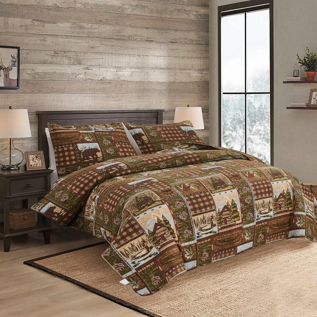 Lodge Bedspread Queen Size, Rustic Cabin Quilt Sets Moose Bear Bedspread Coverlet Patchwork Plaid Bedcover Reversible Wildlife Printed Quilted Bed Set Brown Bed Cover Country Decor(90"X 90")