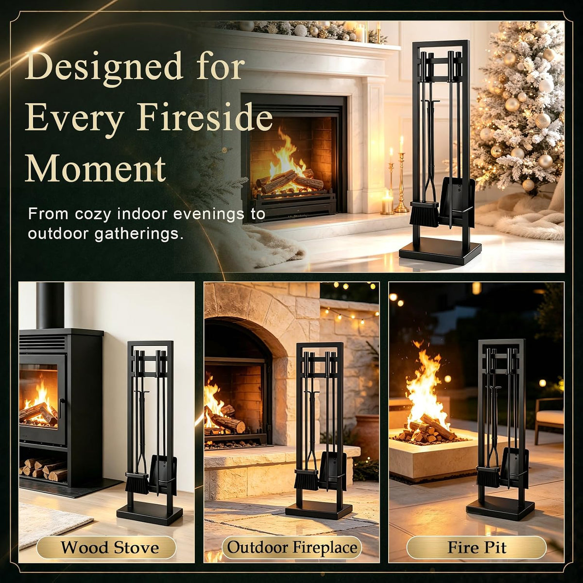 5-Piece Fireplace Tool Set, 30" One-Piece Stand, 10Mm Solid