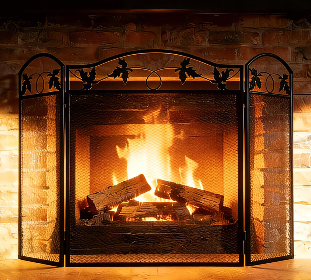 3-Panel Foldable Fireplace Screen, Black Steel Leaf Spark Guard