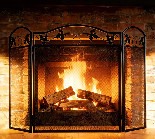 3-Panel Foldable Fireplace Screen, Black Steel Leaf Spark Guard