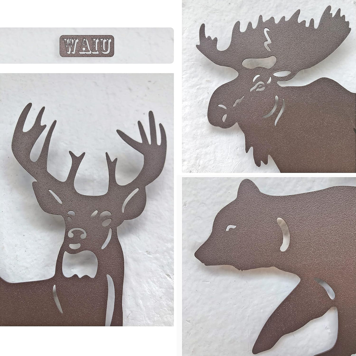 Set of 3 Brown Metal Deer Bear Moose Pine Tree Wall Decor 9.3 Inch, Rustic Cabin Indoor Outdoor Hanging Ornament