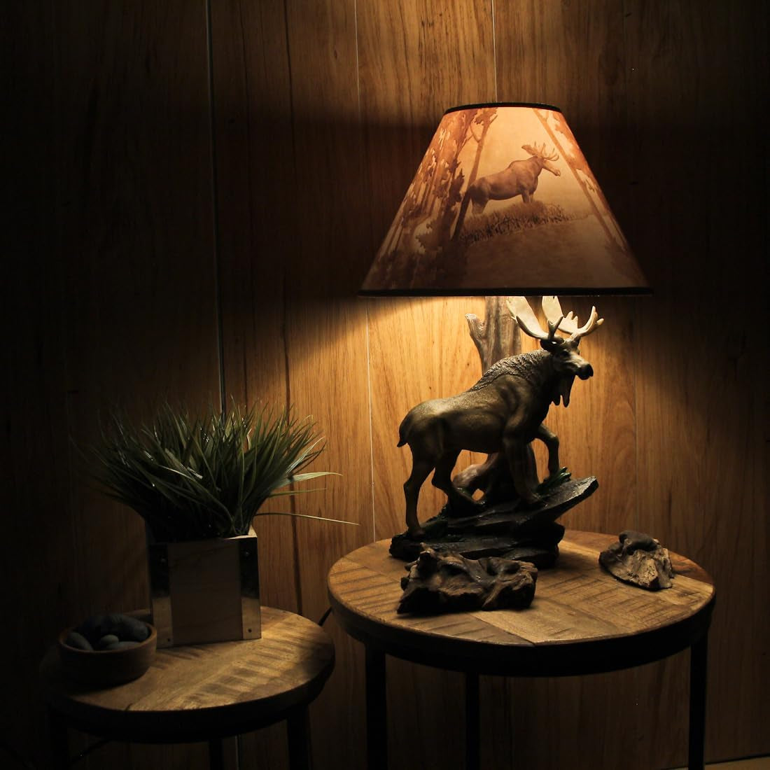 North American Bull Moose Table Lamp with a 12-Inch Diameter Forest Print Shade- Wildlife Decor - Perfect for Living Rooms, Cabins, and Bedrooms - 20 Inches Tall