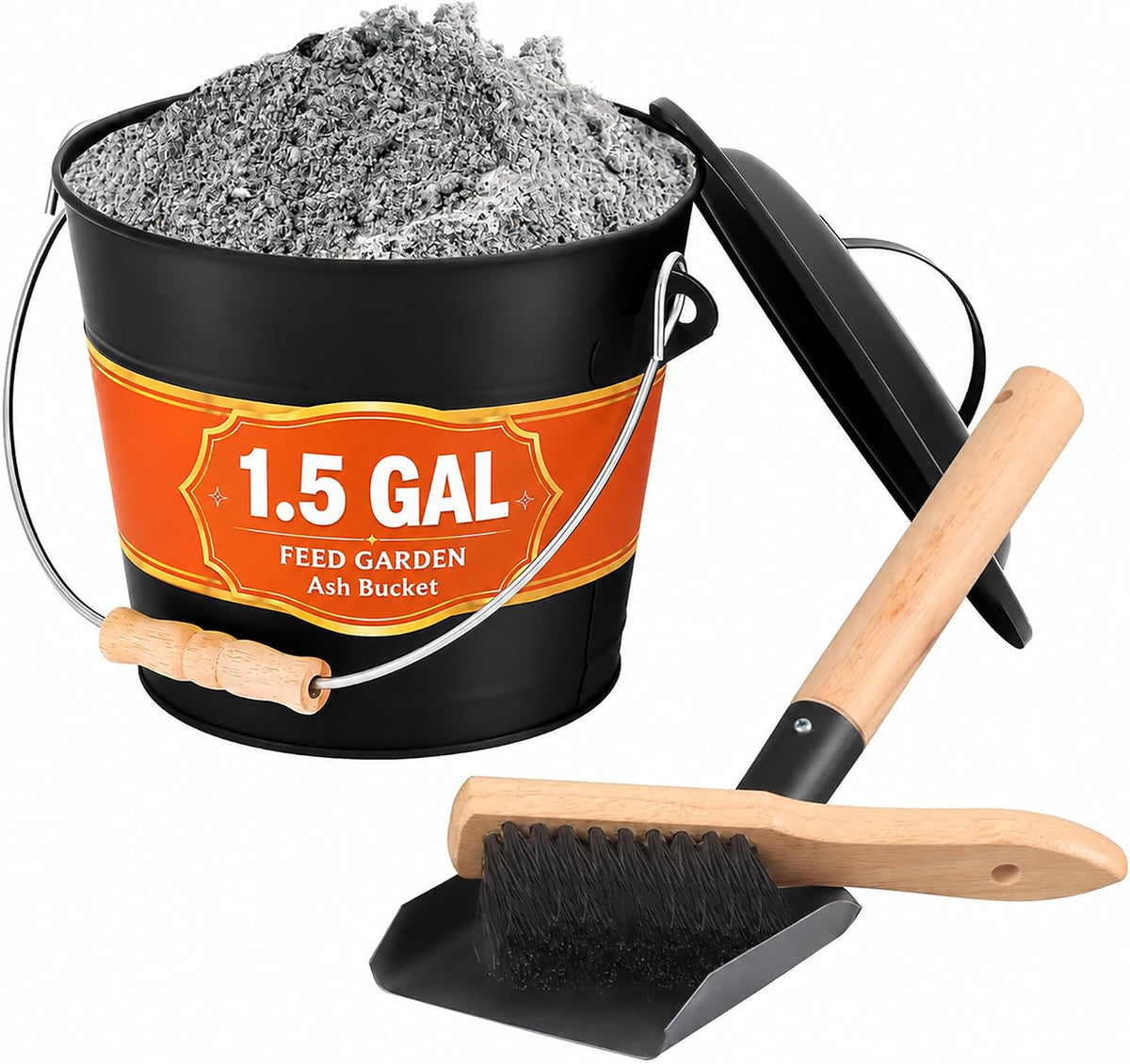1.5 Gallon Ash Bucket for Fireplace with Lid, Shovel & Hand Brush - Small Heavy Duty Powder-Coated Galvanized Ash Can for Wood Stove, Pellet Stove, Fire Pit & Grill Cleanup Black