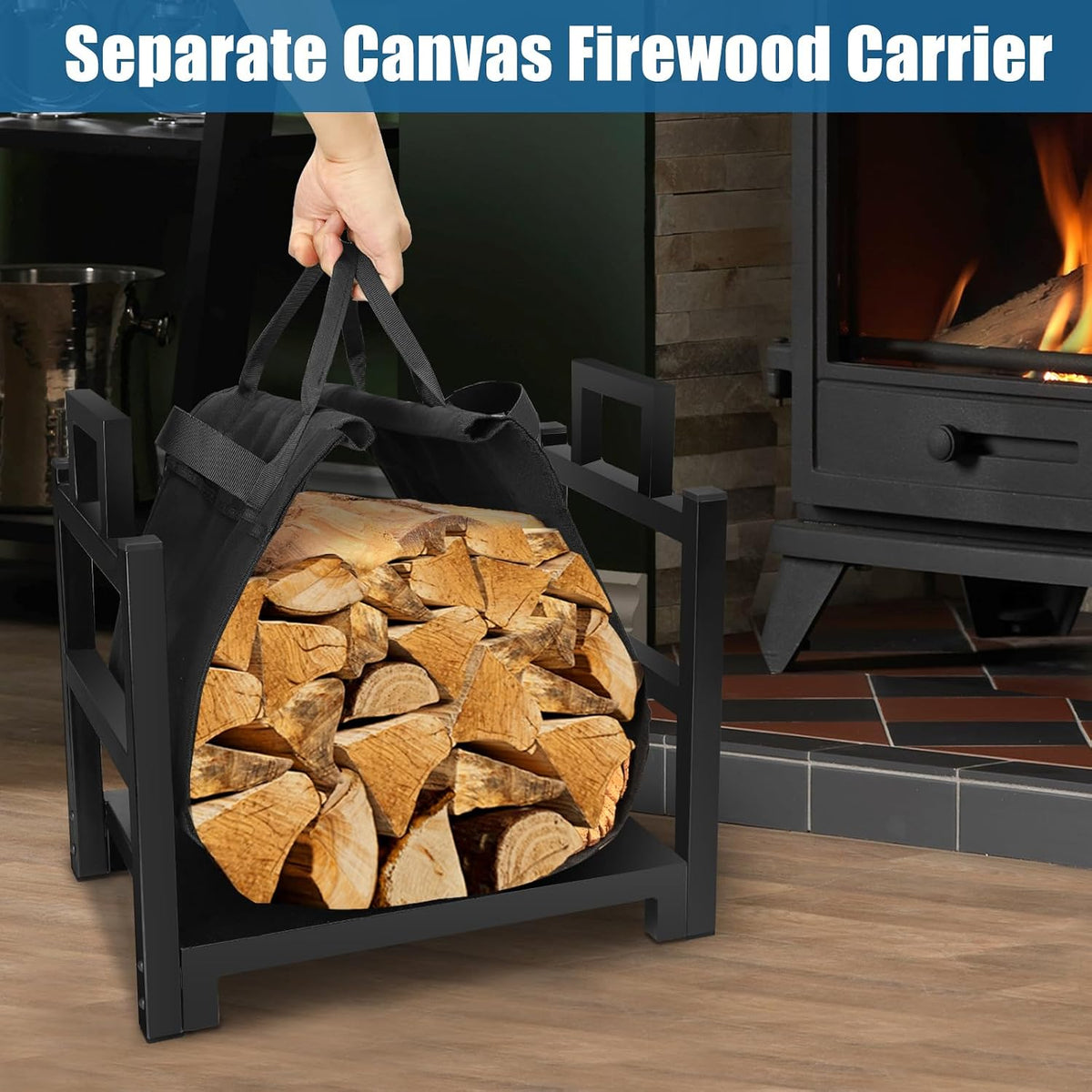 Firewood Rack Log Holder Indoor with Wood Carrier, Powder-Coated Steel Made, Up-Loaded to 110Lb, 18Inch(L) X 13Inch(W) X 17Inch(H)