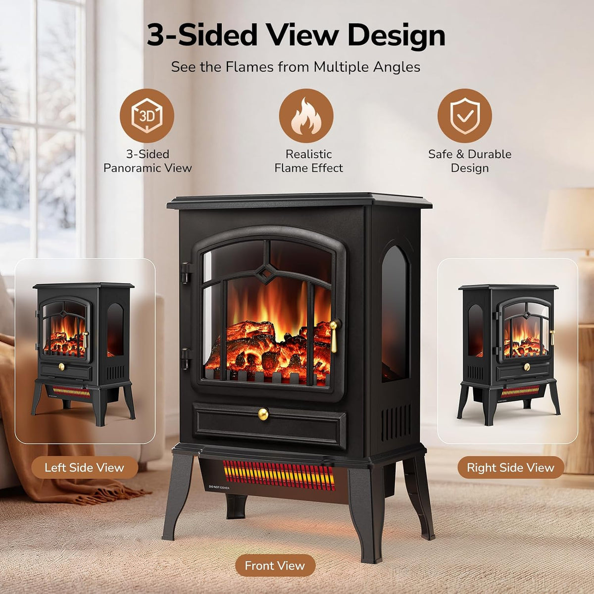 Black 22 inch electric fireplace stove with a 3D flame and glass door