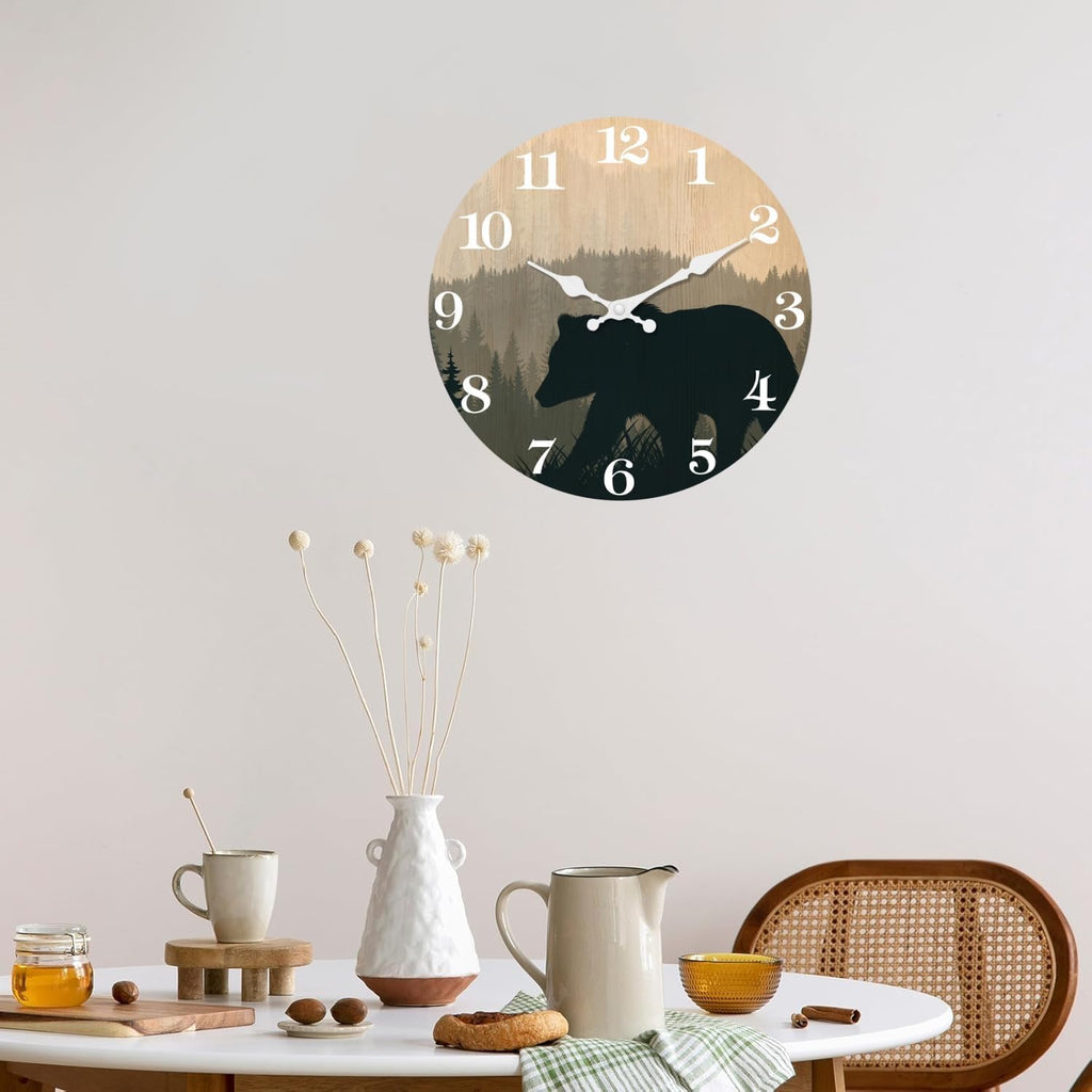 Cabin Bear Wall Clocks Battery Operated 10 Inch Silent