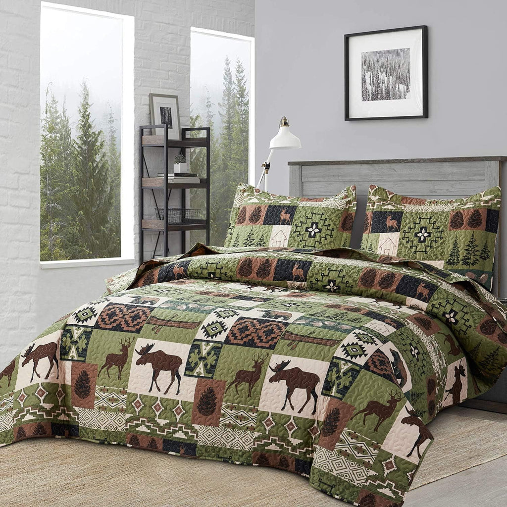 Rustic Quilt Set Queen Size Country Patchwork Quilt Bedding Home Lightweight Reversible Bedspread Rustic Bear Bedding Cabin Moose Forest Animal Coverlet