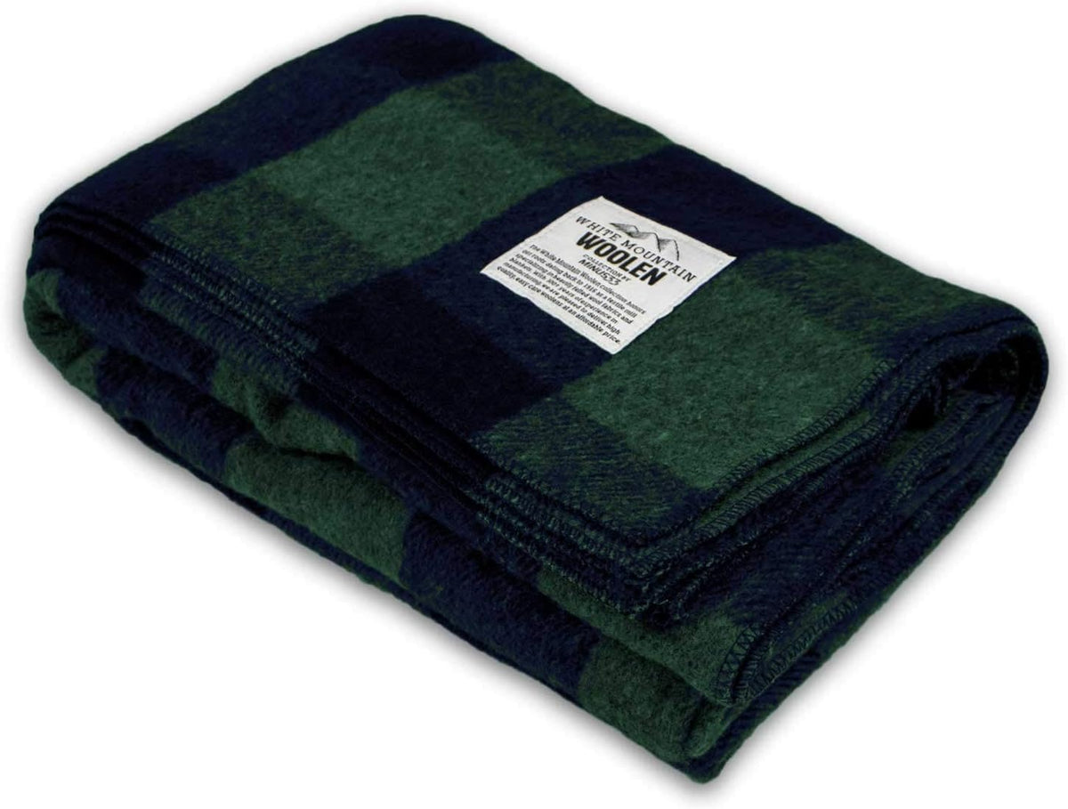Camp Throw Blanket - 80% Recycled Wool - Buffalo Plaid - Warm Throw Blanket - Thick - Washable - 62W X 80L - Green and Blue Plaid