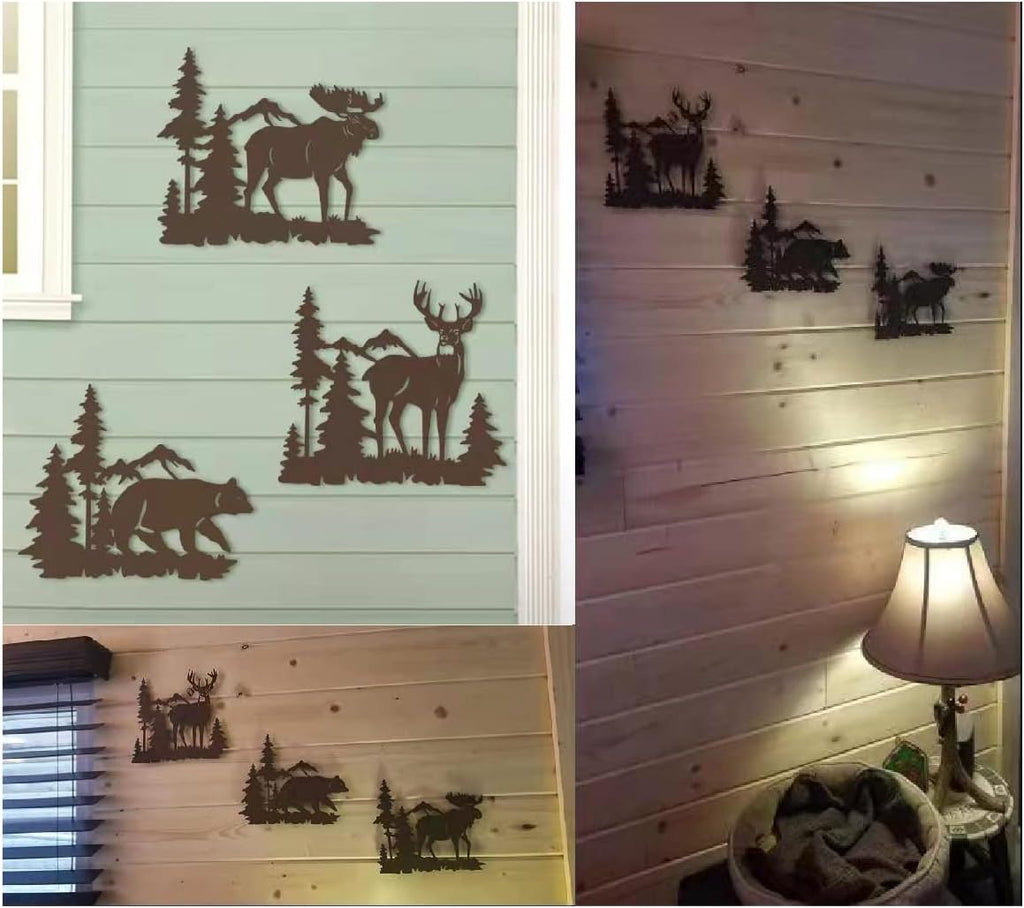 Set of 3 Brown Metal Deer Bear Moose Pine Tree Wall Decor 9.3 Inch, Rustic Cabin Indoor Outdoor Hanging Ornament