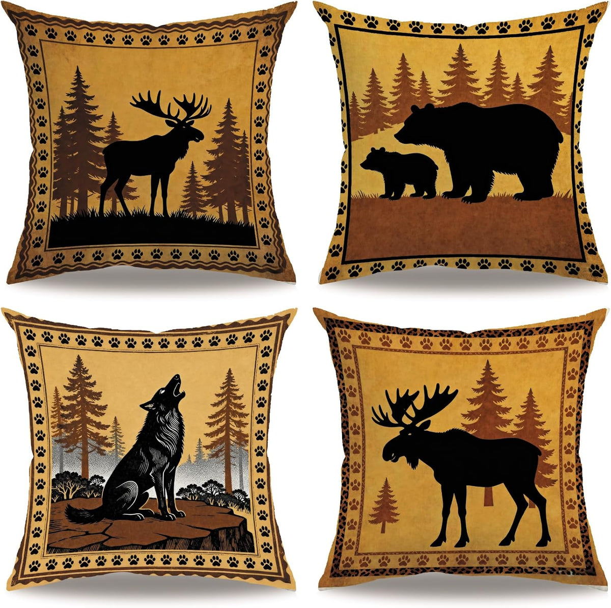 Rustic Wildlife Pillow Covers 18X18 Inch Set of 4, Moose Bear Wolf Cabin Decor Throw Pillow Cases, Farmhouse Vintage Forest Animal Cushion Covers for Living Room Sofa Rustic Home Decor (Brown)