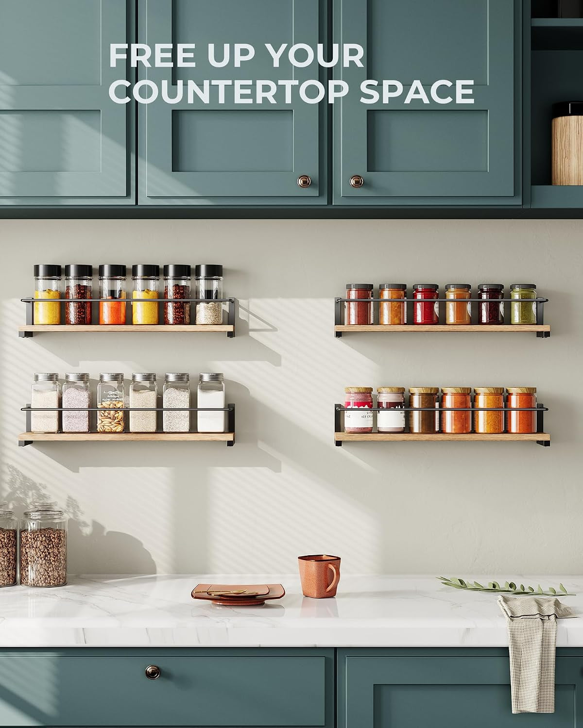 Wooden Spice Rack Wall Mounted, over the Stove, Kitchen Wall, 4 Pack