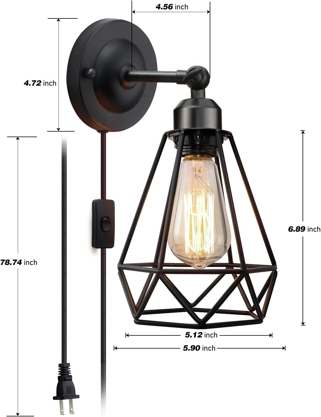 Plug in Wall Sconce, Wire Cage, Industrial Wall Lamp with Plug in Cord, Rustic Sconce Fixture, On/Off Switch Vintage Wall Light Fixture for Headboard Bedroom Porch-2 Pack