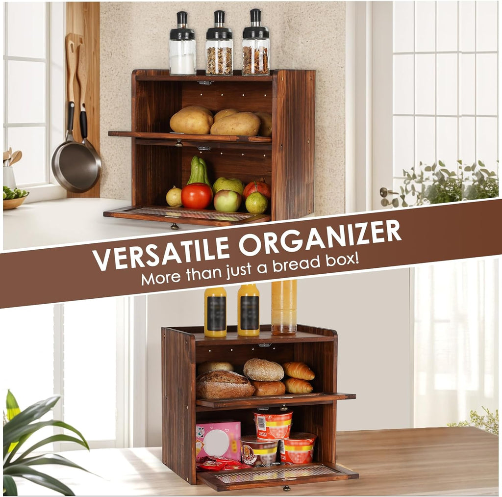 Bread Box for Kitchen Countertop Wooden Bread Storage Container Bin 2 Layer Breadbox Holder Large Capacity Keeper Vintage Farmhouse Food Organizer Pantry Shelf Acrylic Window (Brown)