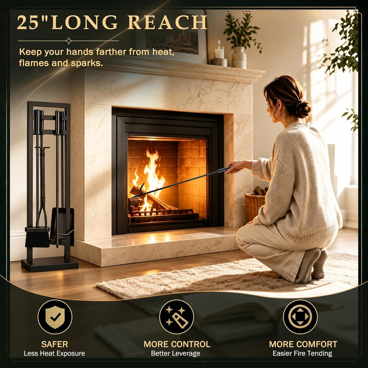 5-Piece Fireplace Tool Set, 30" One-Piece Stand, 10Mm Solid