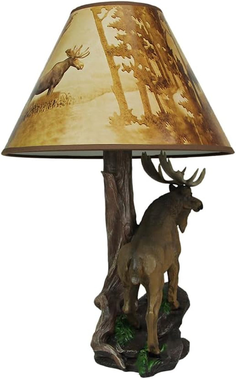North American Bull Moose Table Lamp with a 12-Inch Diameter Forest Print Shade- Wildlife Decor - Perfect for Living Rooms, Cabins, and Bedrooms - 20 Inches Tall