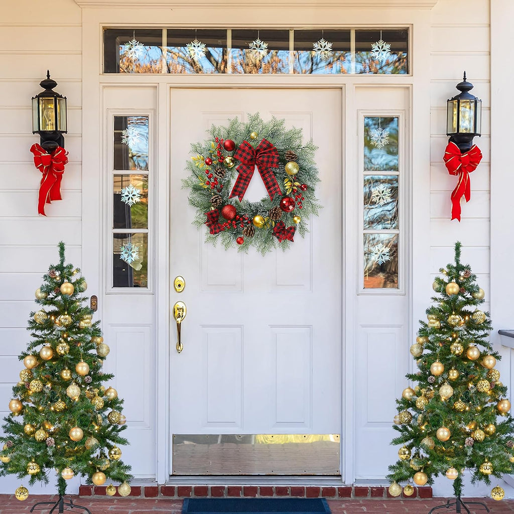 20 Inch Artificial Christmas Wreath for Front Door with Pine Needles Red Berries Pine Cones Buffalo Plaid Bow Christmas Ball Decorations for Winter Wall Outdoor Home Holiday Xmas Decor