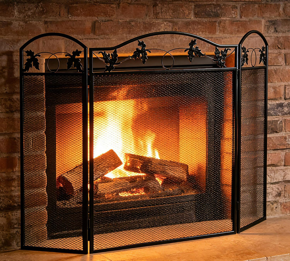 3-Panel Foldable Fireplace Screen, Black Steel Leaf Spark Guard