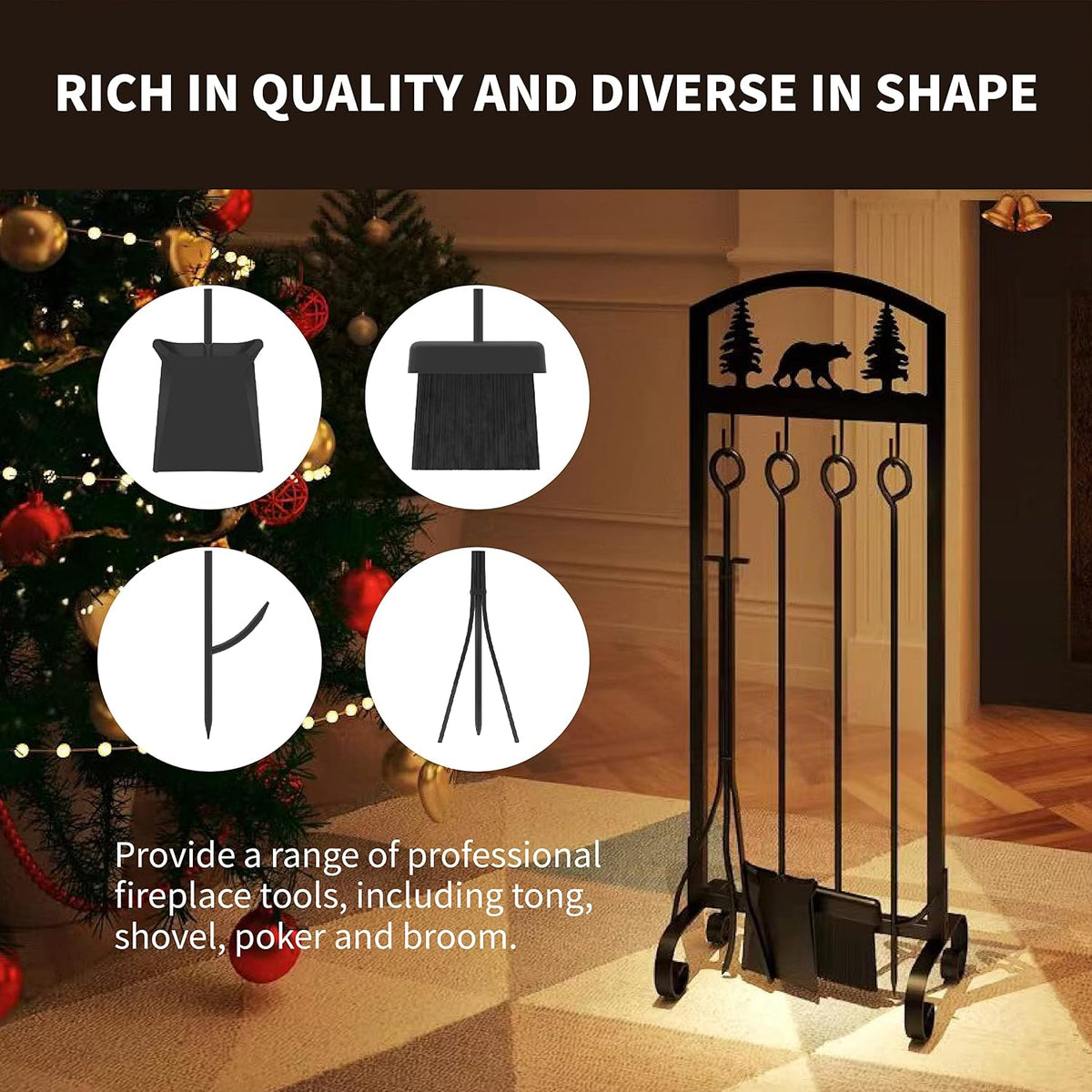 Fireplace Tools Set 5 Piece, 30.5 in Wrought Iron, Animal Print