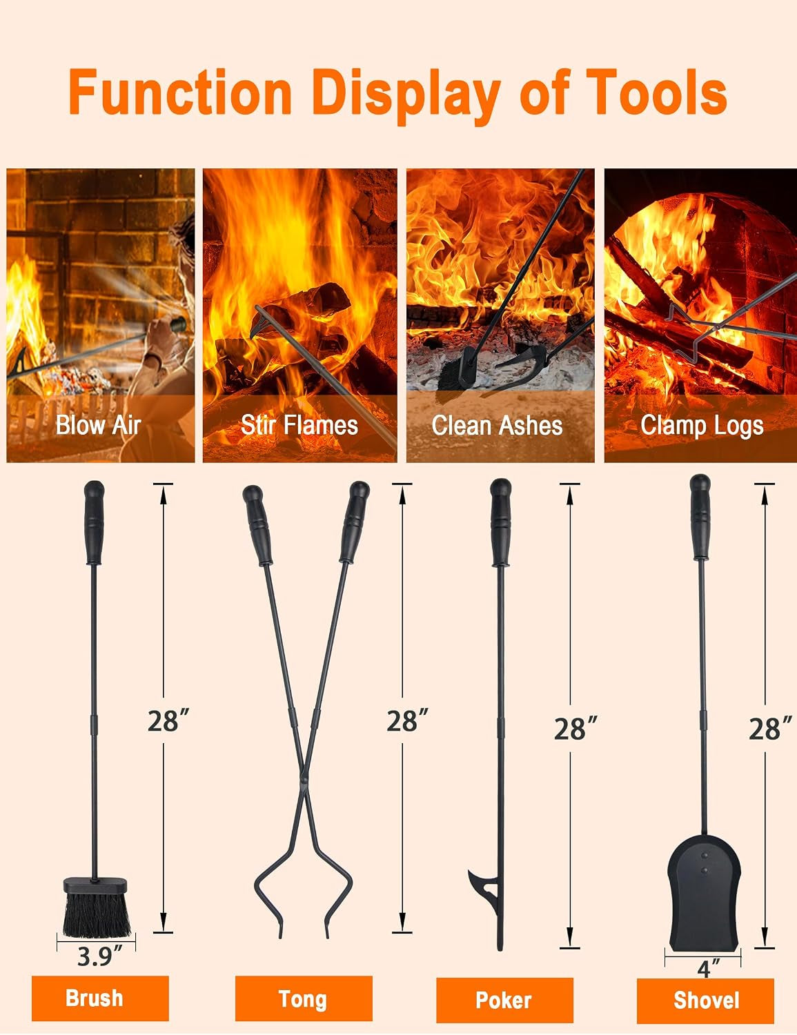 Fireplace Tools 5 Pcs 31.5In Fireplace Tool Set Indoor Fireside Accessories Large Fire Place Tools Set Outdoor Fireplace Kit with Poker Shovel Tongs Brush, Stand