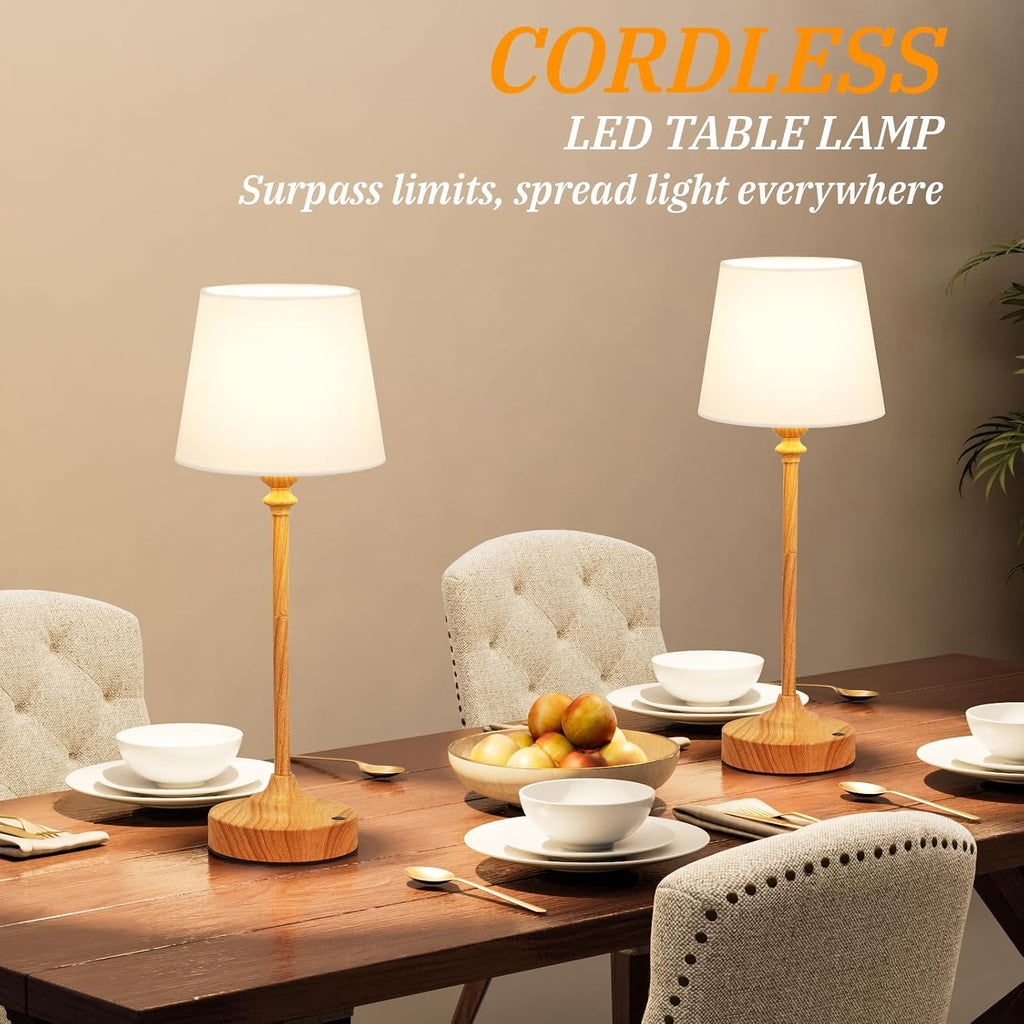Cordless Table Lamps Rechargeable Set - 2 Pack Wooden 4000Mah Battery Operated Lamps for Decor, 3000K Stepless Dimming Touch Control Wireless Lamps for Bedroom, Dining Table