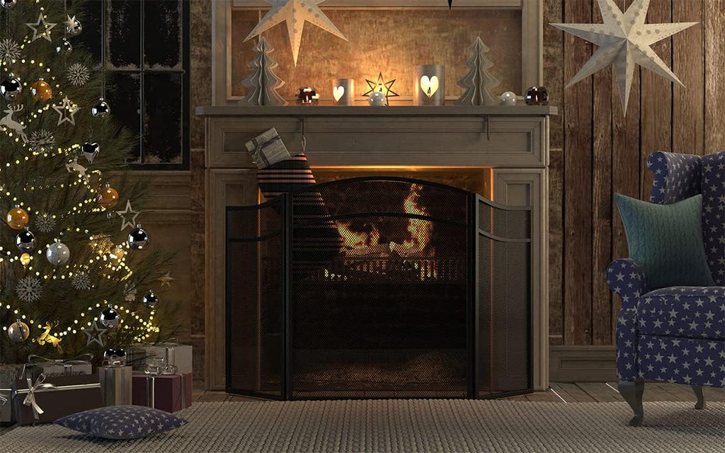 Lizh Metalwork 3 Panels Fireplace Screen with Arch Frame Simple Design 48"(L) X 29"(H),Black