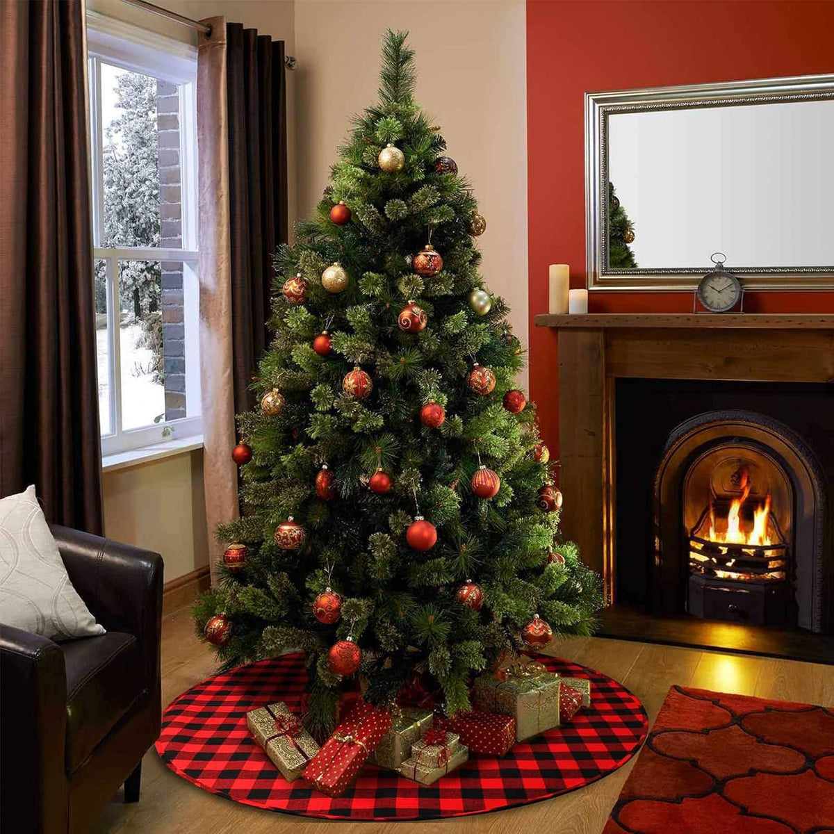 48 Inch Christmas Tree Skirt Red and Black Buffalo Plaid Christmas Tree Skirt, Double Sided Burlap Tree Skirt Snowflake Xmas Tree Skirt for Holiday Rustic Vintage Christmas