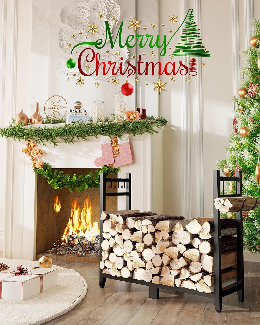 34Inch Firewood Rack Indoor with Log Carrier,Outdoor Wood Rack for Firewood