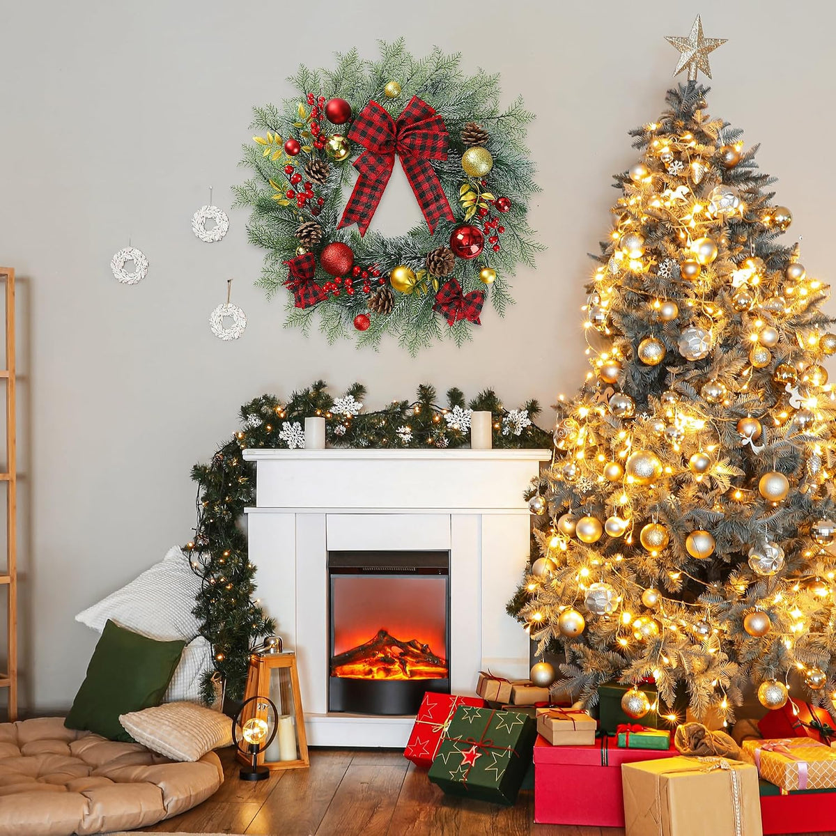 20 Inch Artificial Christmas Wreath for Front Door with Pine Needles Red Berries Pine Cones Buffalo Plaid Bow Christmas Ball Decorations for Winter Wall Outdoor Home Holiday Xmas Decor
