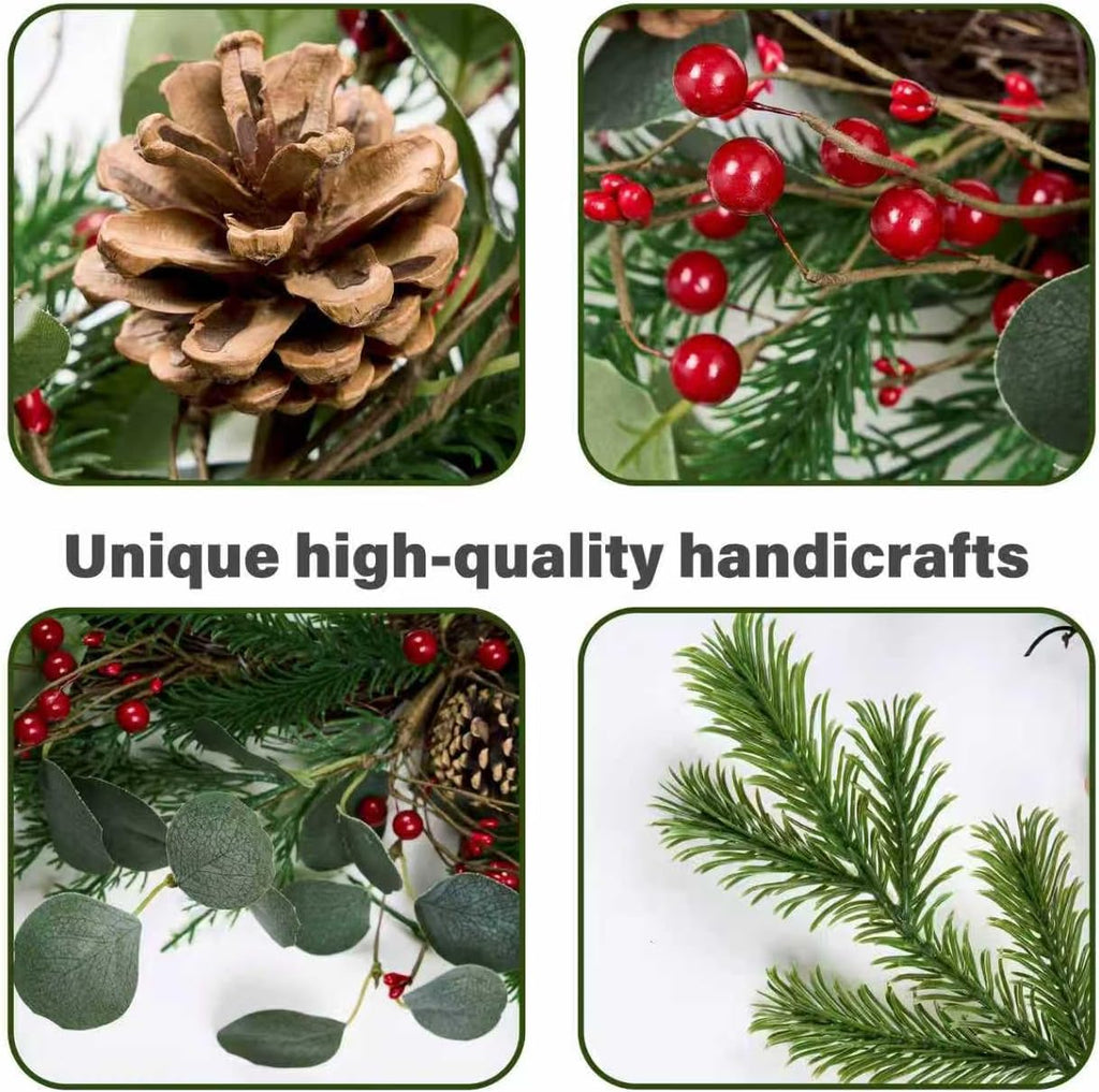 Christmas Wreath 24Inch Christmas Wreaths for Front Door Xmas Red Berry Wreath with Eucalyptus Leaves Pine Cones Red Berries for Wall Window Indoor Outdoor Winter Decorations