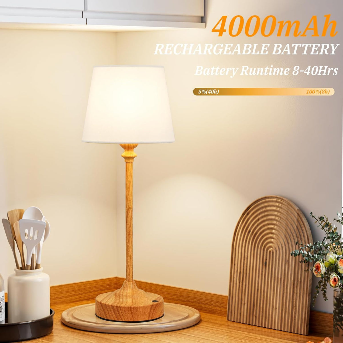 Cordless Table Lamps Rechargeable Set - 2 Pack Wooden 4000Mah Battery Operated Lamps for Decor, 3000K Stepless Dimming Touch Control Wireless Lamps for Bedroom, Dining Table