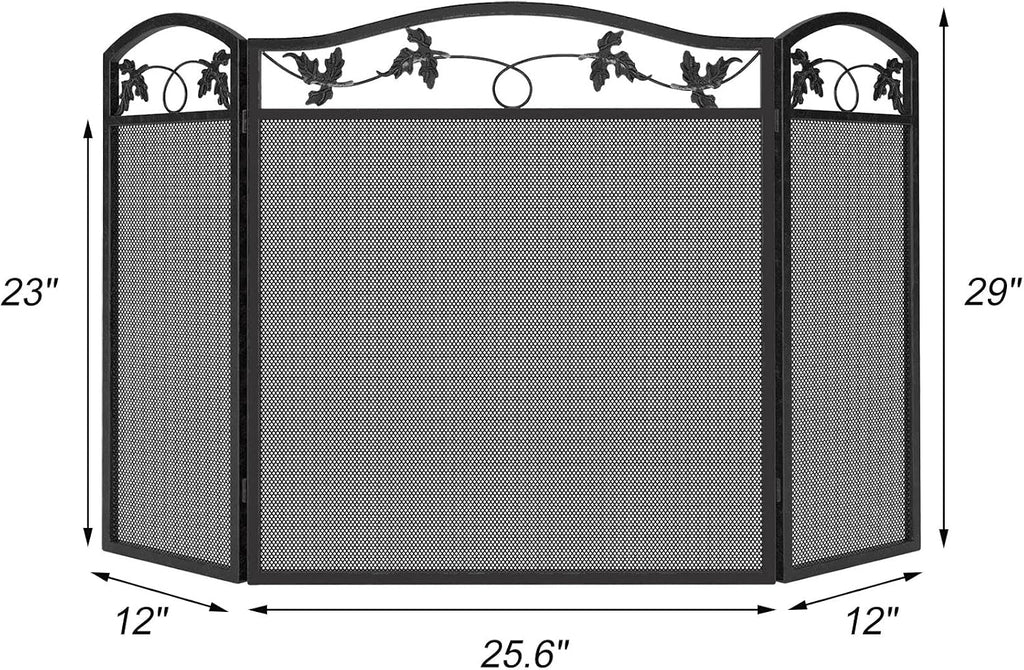 3-Panel Foldable Fireplace Screen, Black Steel Leaf Spark Guard