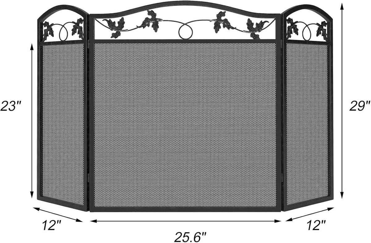 3-Panel Foldable Fireplace Screen, Black Steel Leaf Spark Guard
